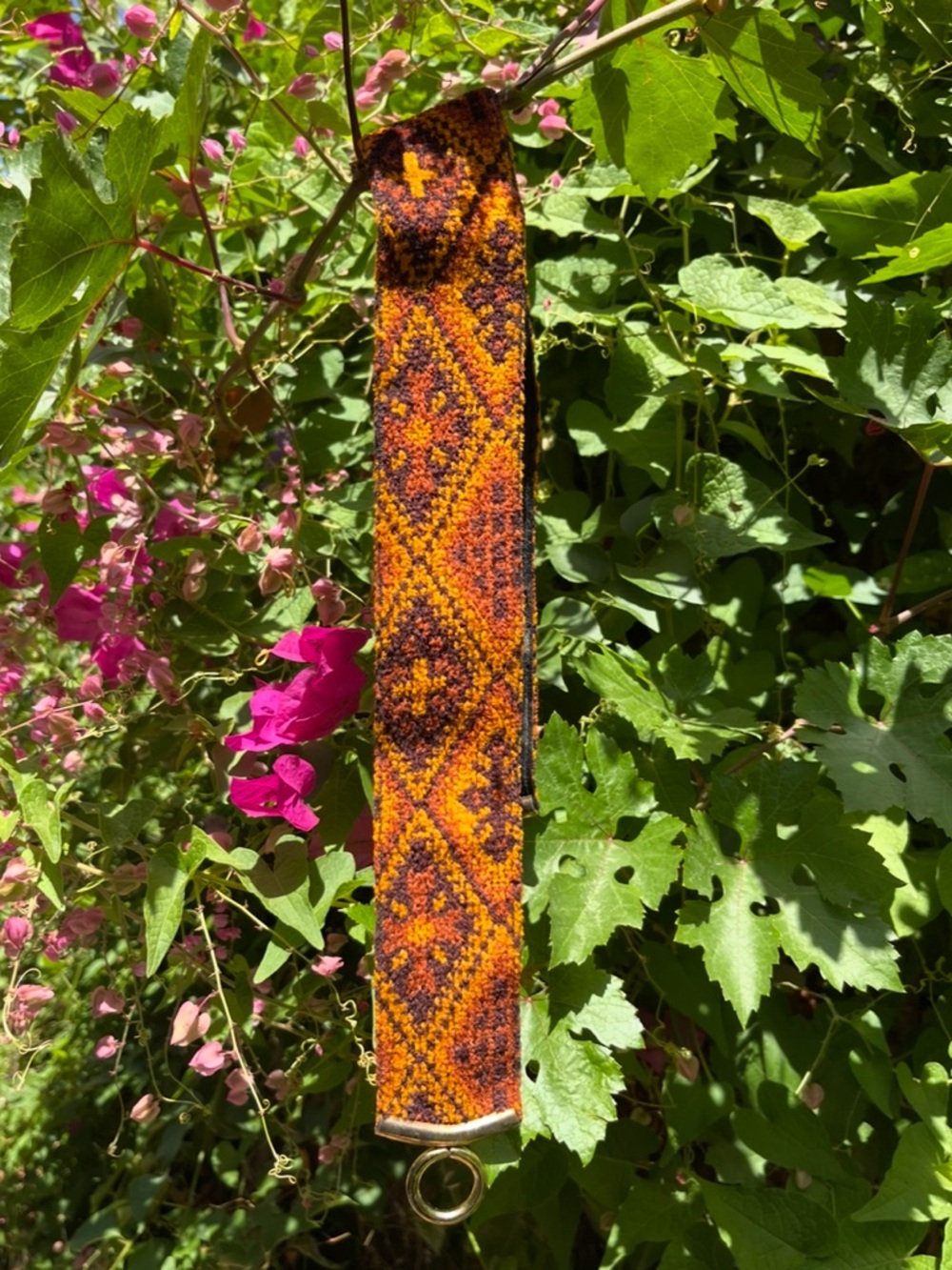 1970’s Boho Tapestry Orange Brown Rust Gold Belt Adjustable Size w/ Ribbon Retro